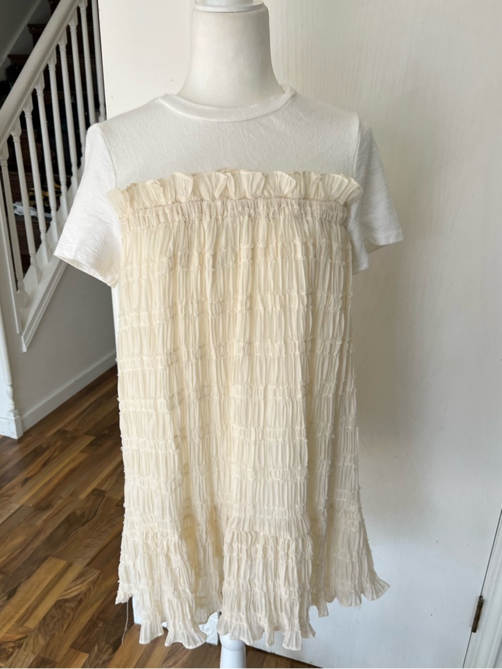 English Factory White / Cream Textured Ruffle Tulle Skirt Mini Dress, Medium